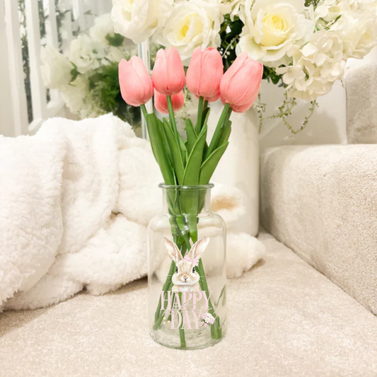 Mother's Day vase and faux tulips - pink rabbit