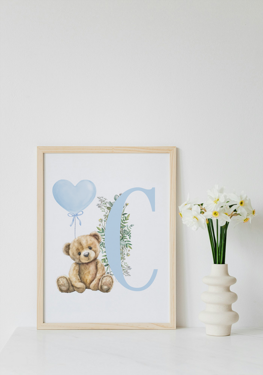 Blue bear initial a4 print