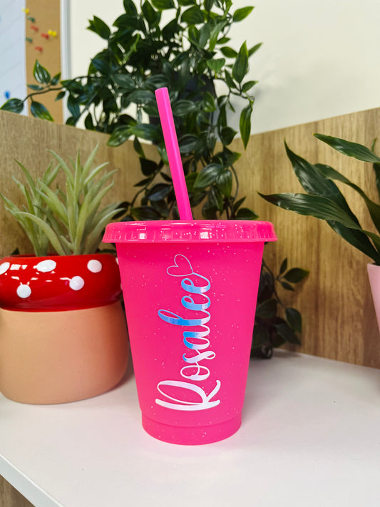 18oz pink glittery cold cup