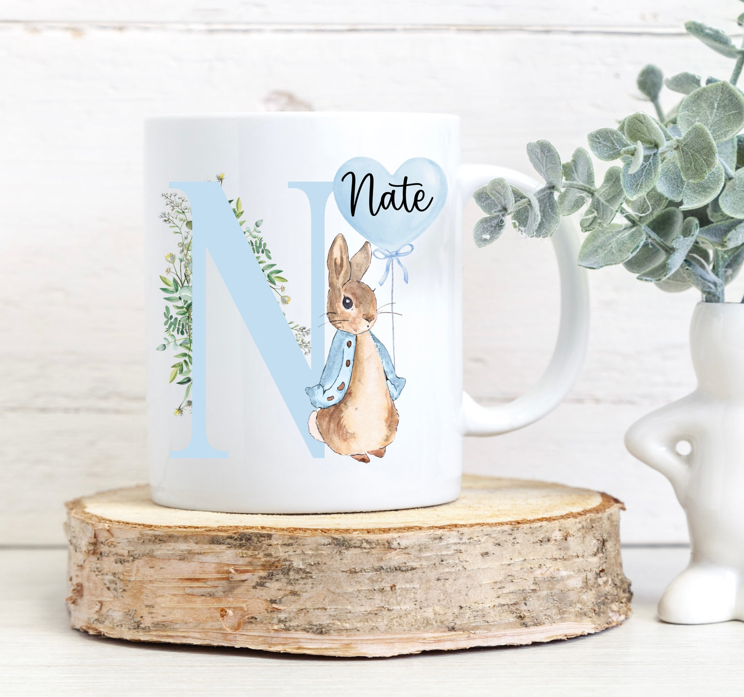 Blue initial peter rabbit mug