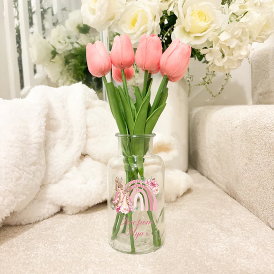 Mother's Day vase and faux tulips - pink rabbit rainbow