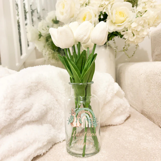 Mother's Day vase and faux tulips - sage rainbow rabbits