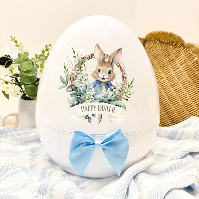 White XL 14" egg - blue wreath rabbit