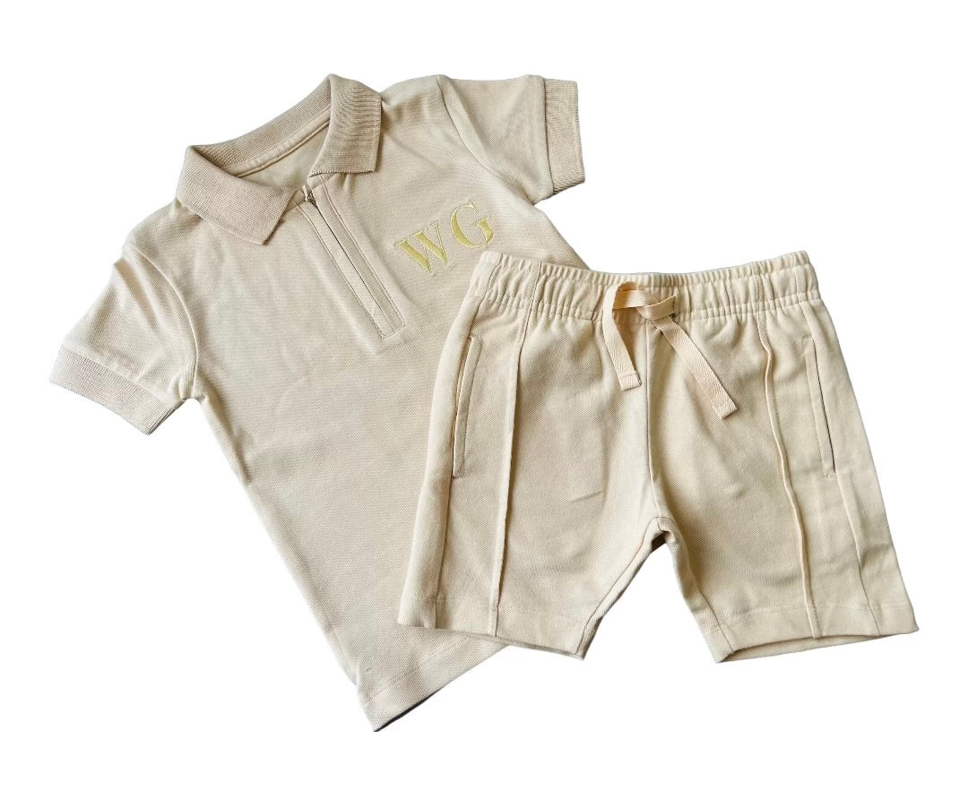 Boys smart zip neck polo and shorts set - embroidered