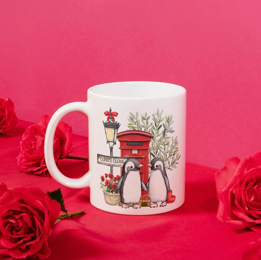 Penguin postbox valentines mug