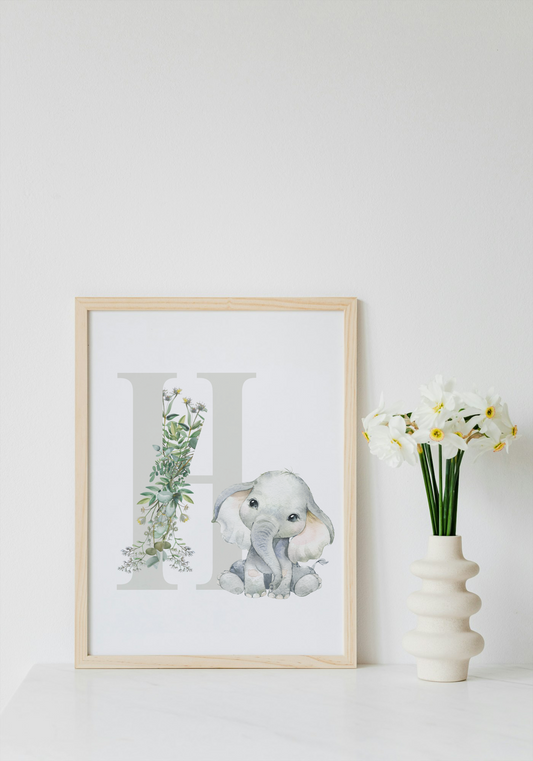 Grey letter elephant a4 print