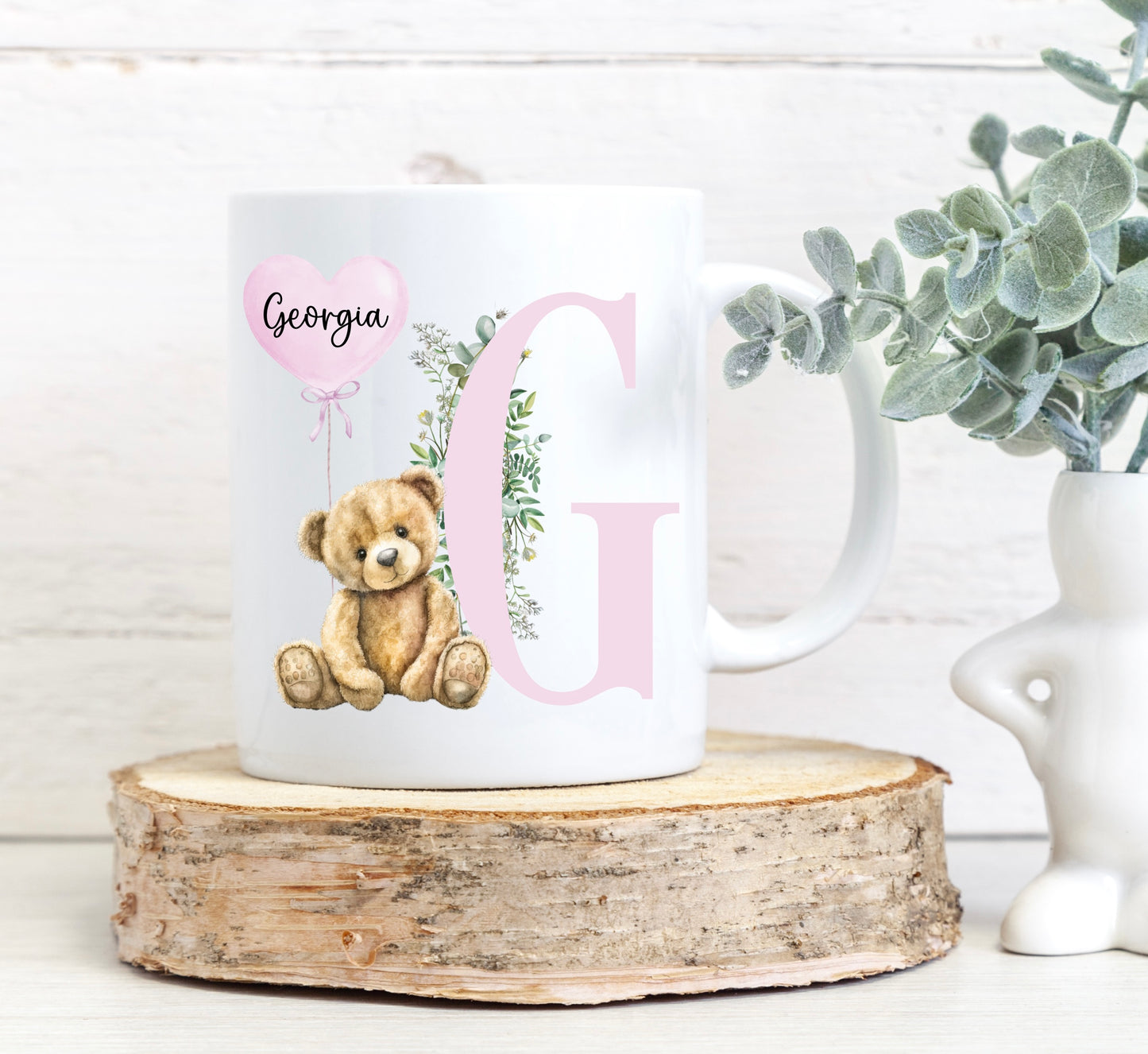 Pink initial bear mug