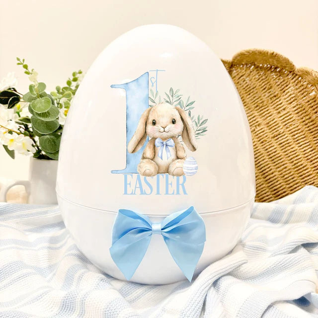 White XL 14" egg - blue first Easter