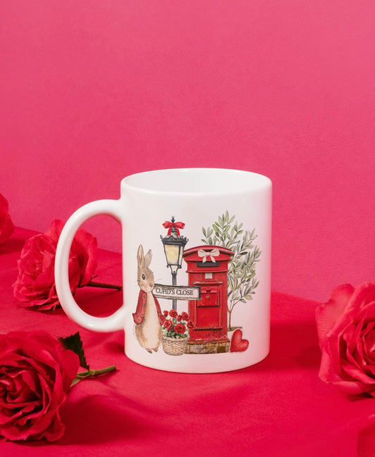 Red rabbit postbox valentines mug