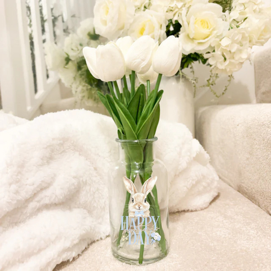 Mother's Day vase and faux tulips - blue rabbit