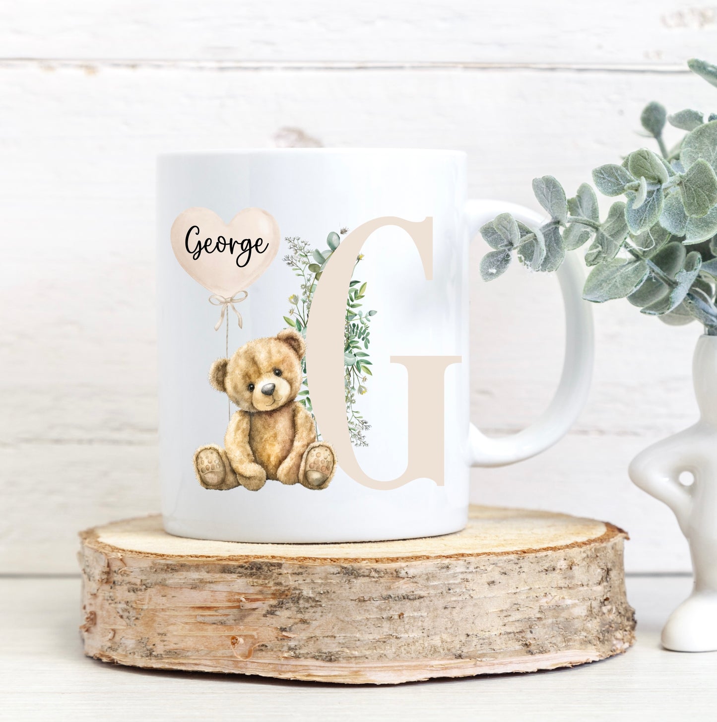 Beige initial bear mug