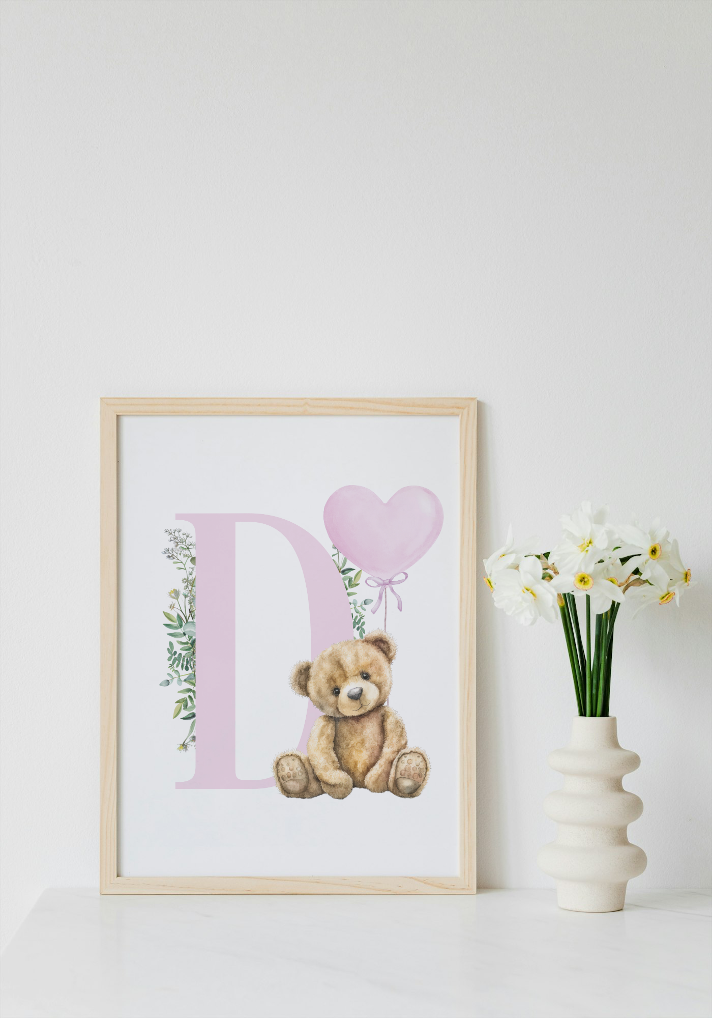 Pink bear initial a4 print