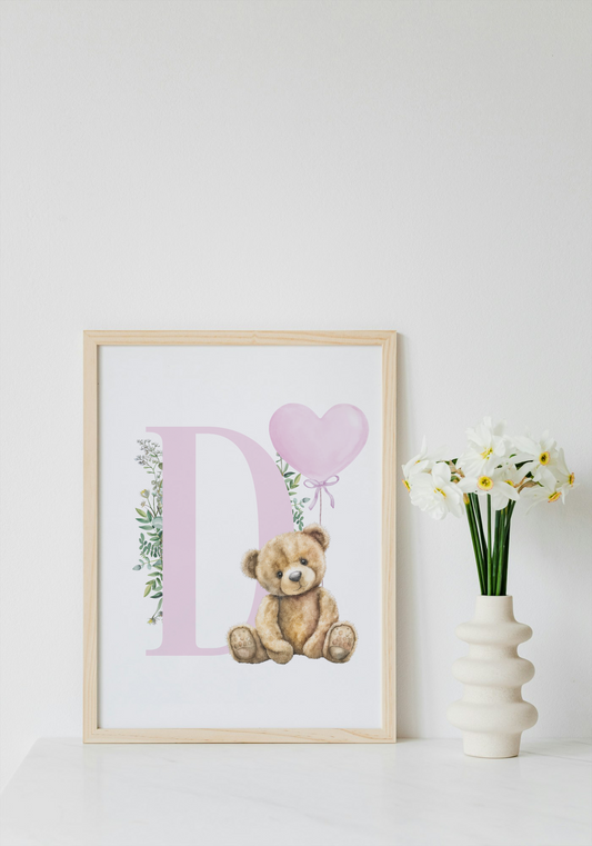 Pink bear initial a4 print