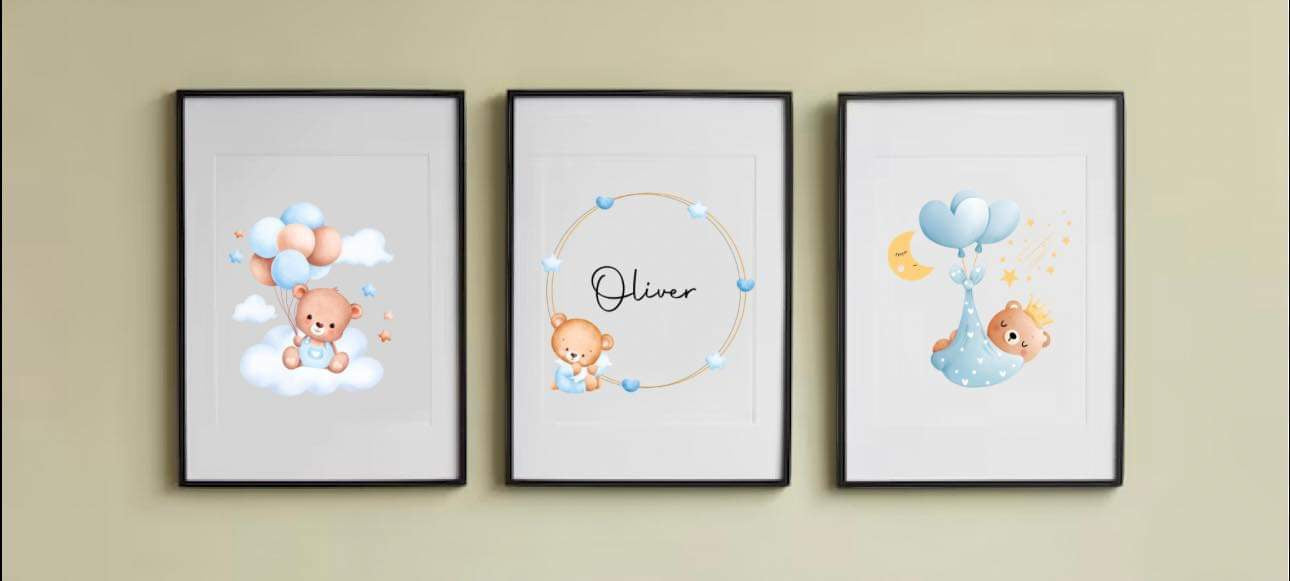 Baby boy hot air balloon nursery set of 3 prints