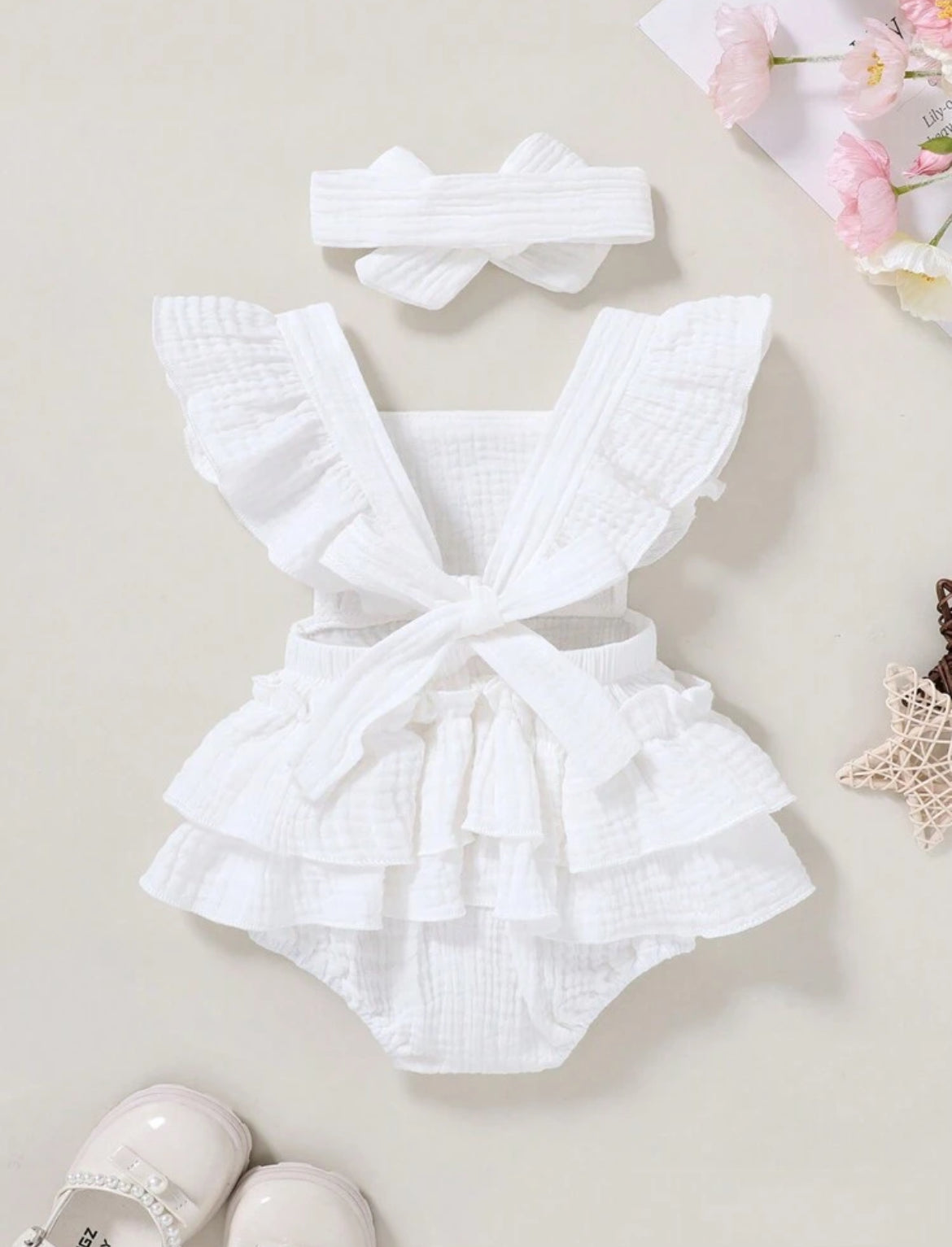 Embroidered Romper with headband - pink or white