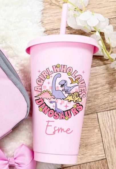 A girl who loves dinosaurs cold cup 24oz