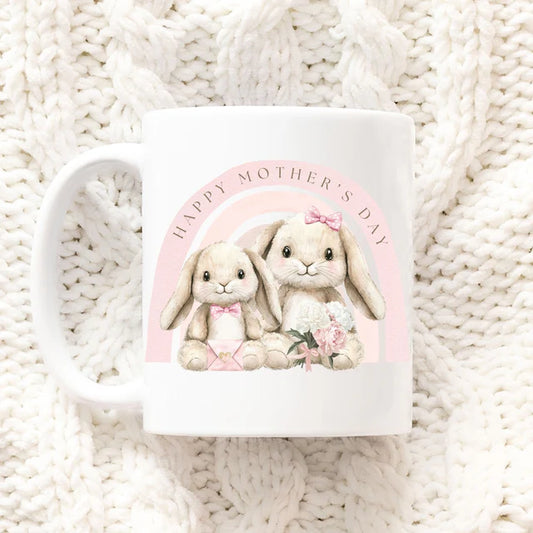 Pink Mother's Day rainbow bunnies mug