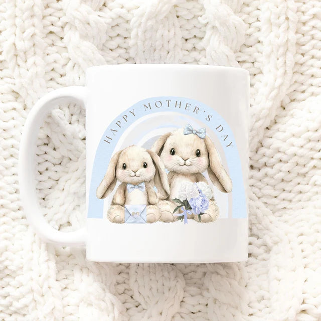 Blue Mother's Day rainbow bunnies mug