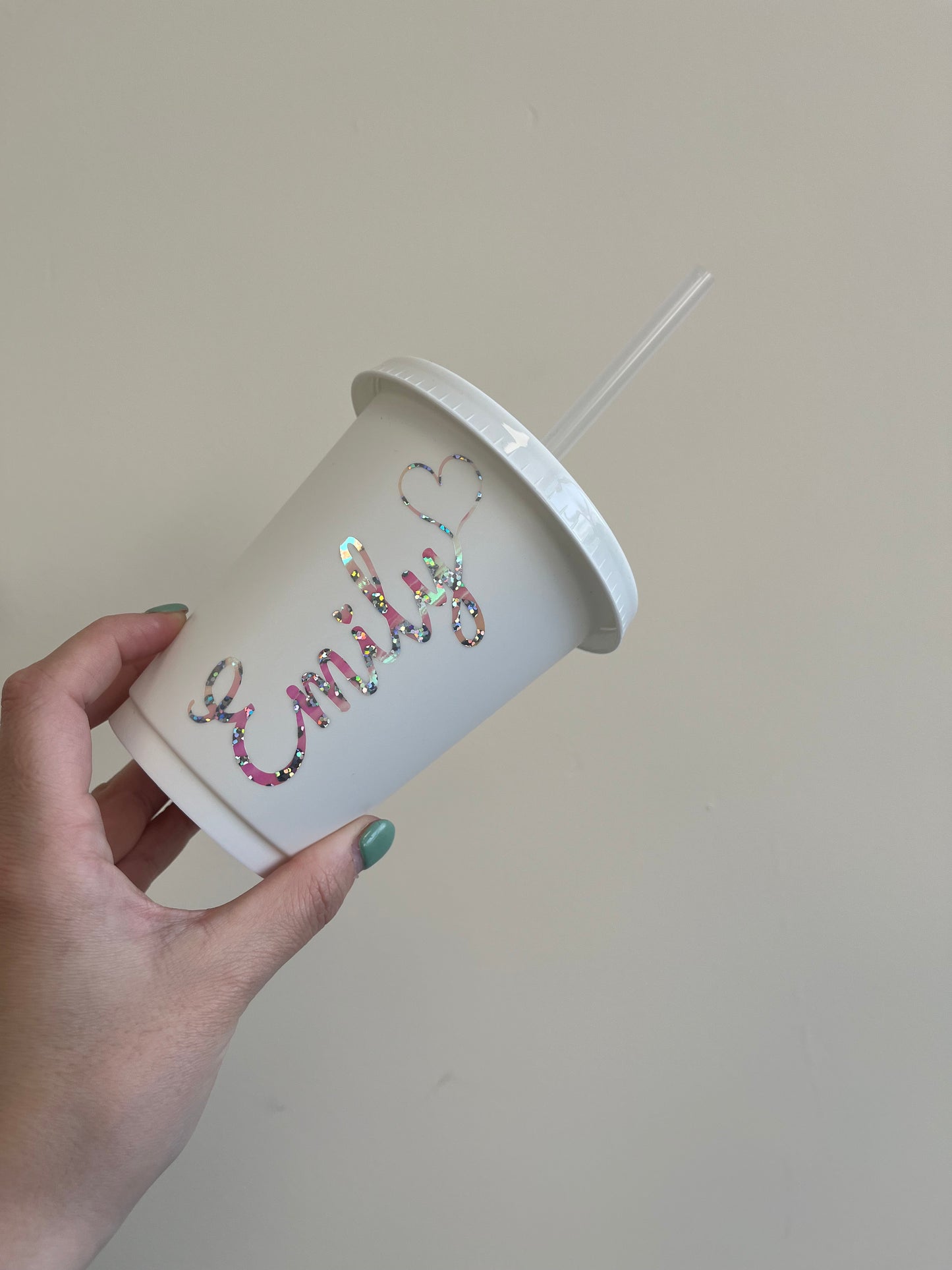 White 16oz cold cup with holographic vinyl name