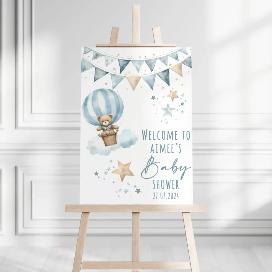 Bear In Hot Air Balloon Baby Shower Welcome Board - Blue