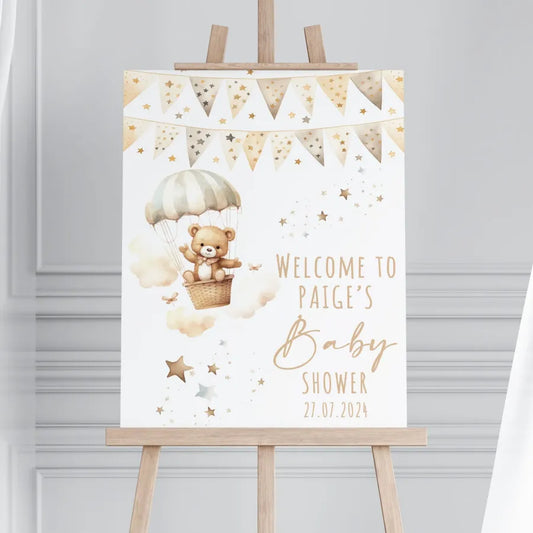 Bear In Hot Air Balloon Baby Shower Welcome Board - Neutral