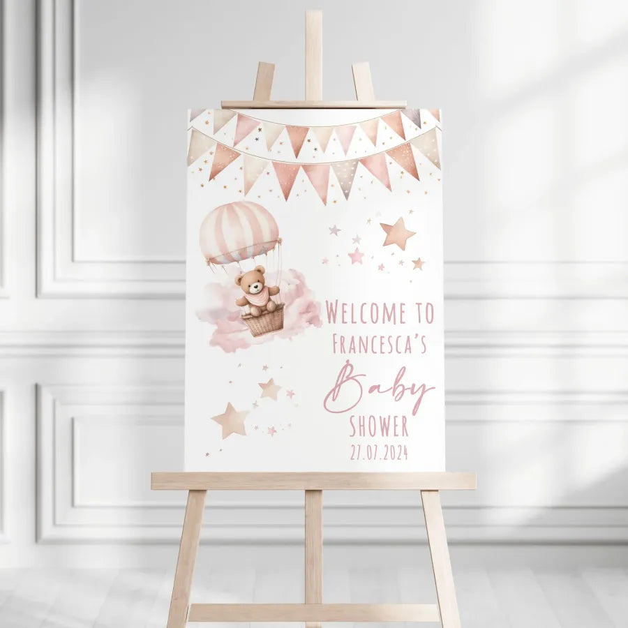 Bear In Hot Air Balloon Baby Shower Welcome Board - pink