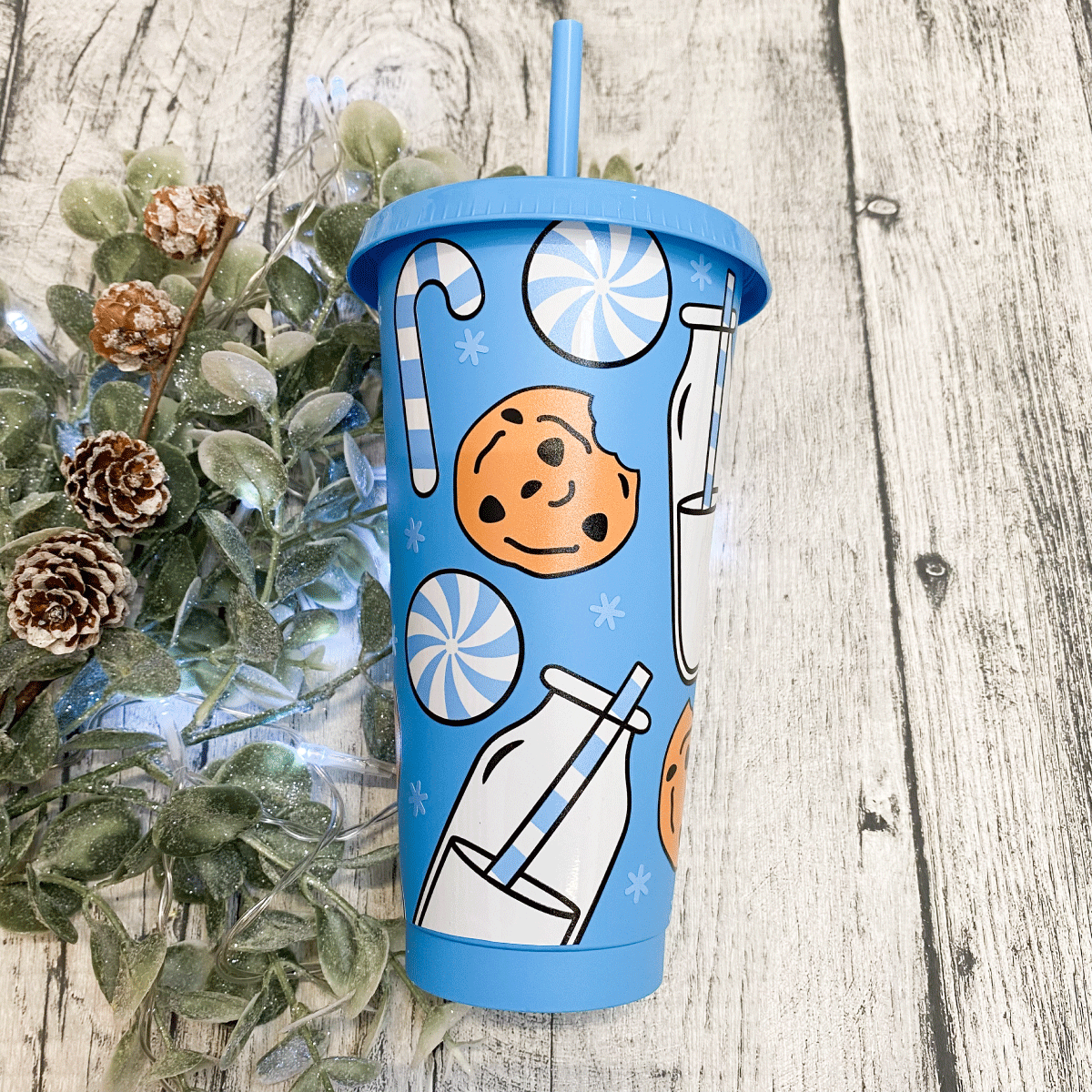 Blue cookies and milk 24oz Christmas cold cup