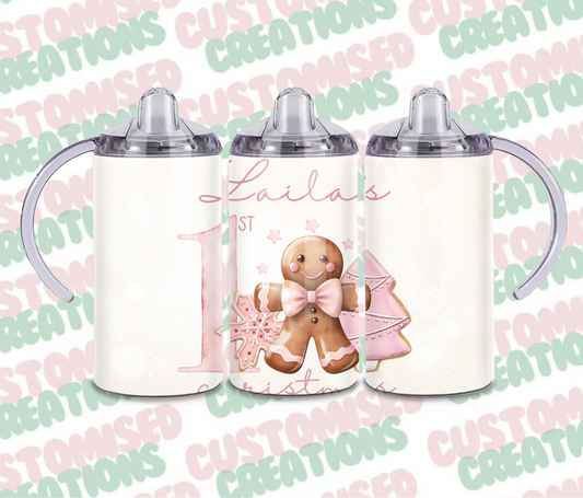 Pink gingerbread 1st Christmas sippy cup tumbler