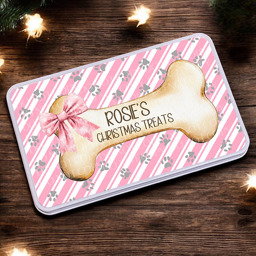 Pink dog treat Christmas tin