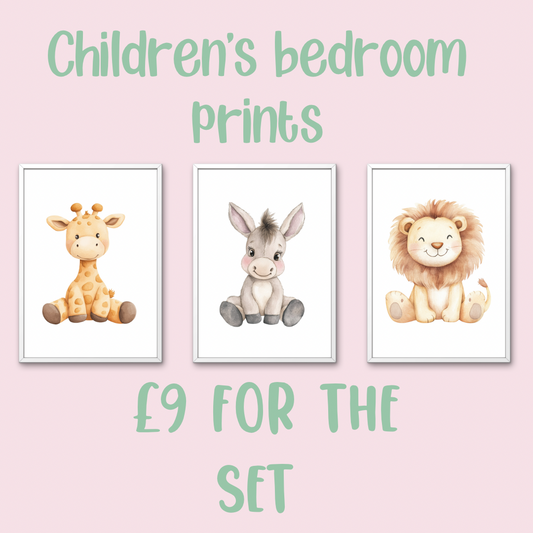 Pastel children's prints - giraffe, donkey, lion