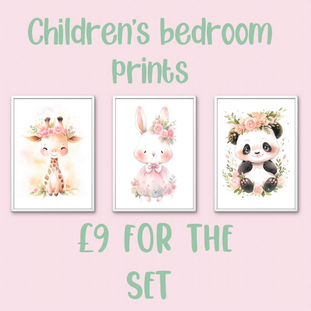 Pastel children's prints - giraffe, bunny, panda